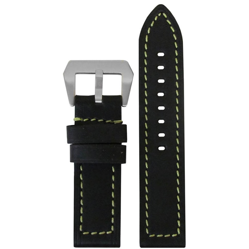 Swiss Anfibio Leather Watch Band | Waterproof | Flat | Black | Green Stitch