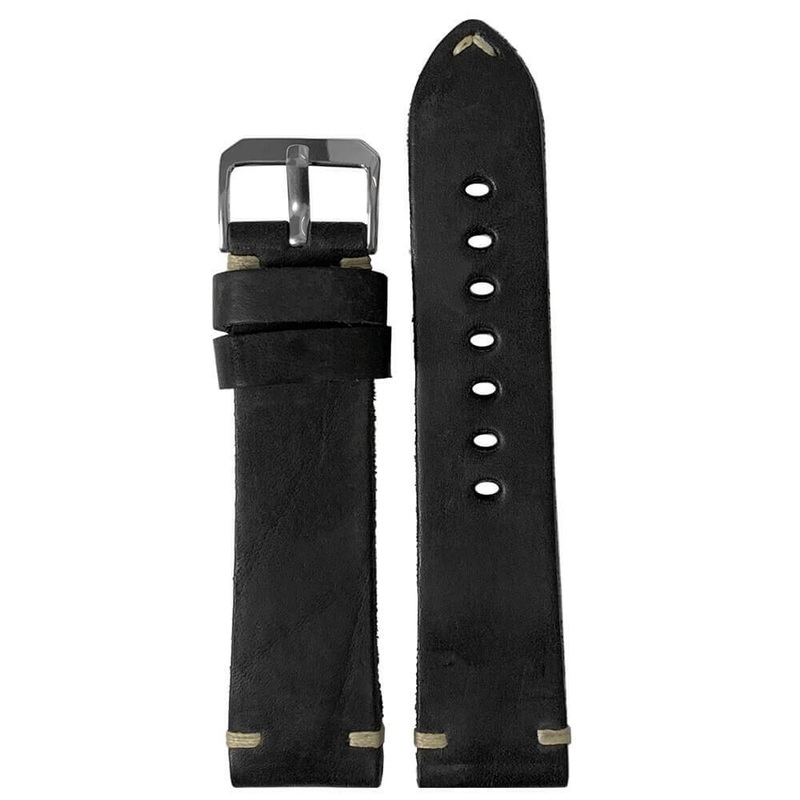 Vintage Oiled Leather Watch Band | Black | Creme Minimal Stitch