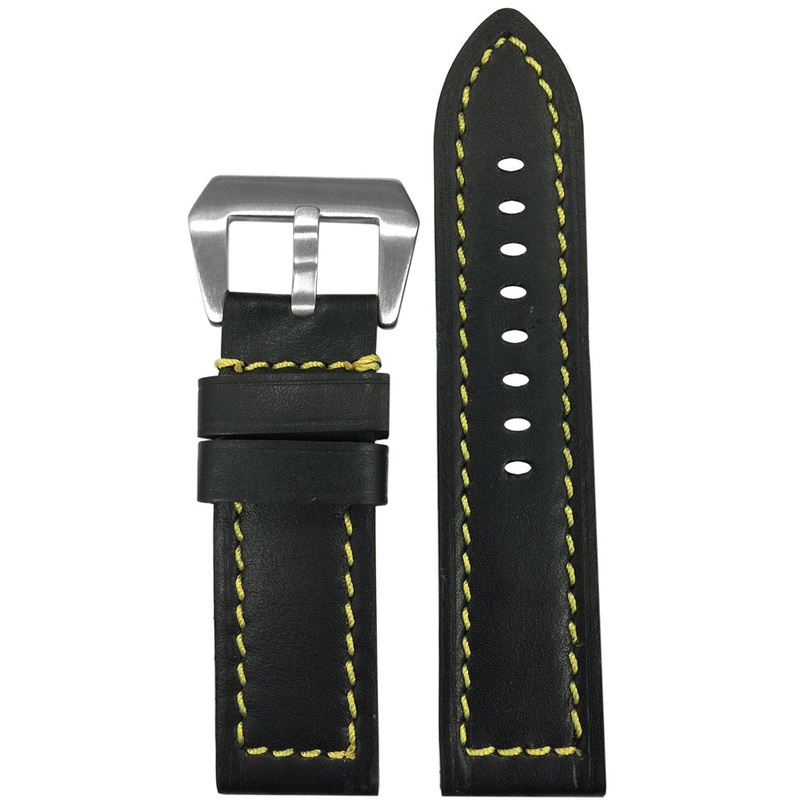 Black 190 Soft Calf Leather Watch Band | Flat | Yellow Stitch