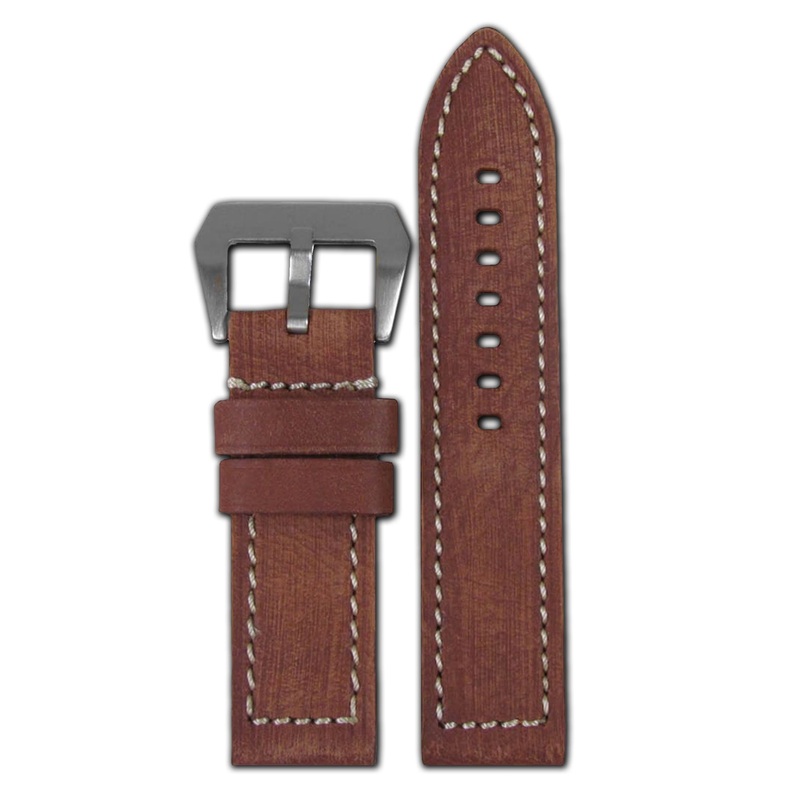 Brushed Vintage Leather Watch Band | Flat | Rou | White Stitch