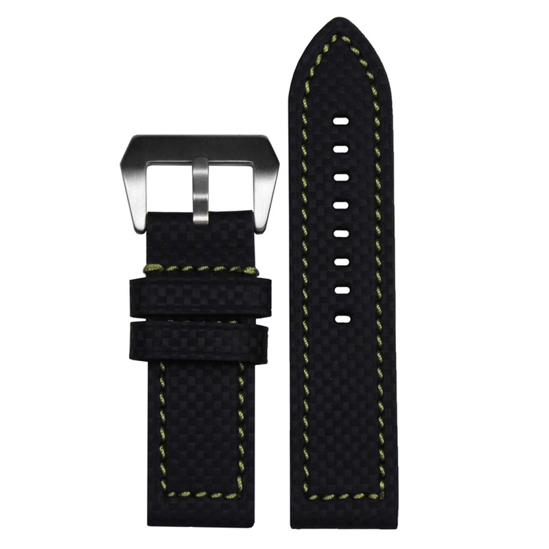 Carbon Fiber Style Watch Band | Flat | Coramid | Black | Green Stitch