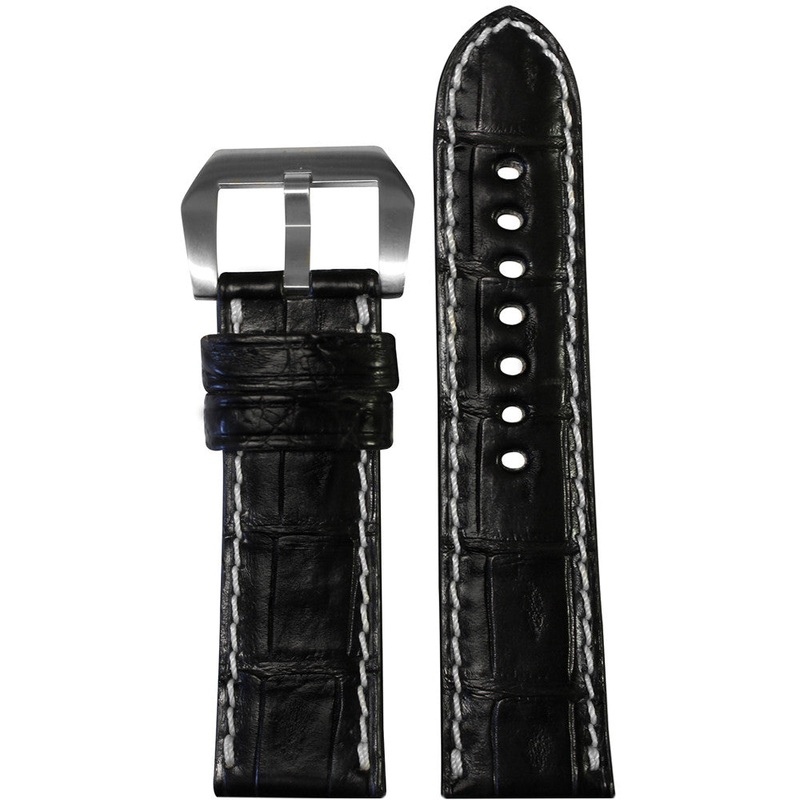 Classic Genuine Alligator Watch Band | Matte | Padded | Black | White Stitch