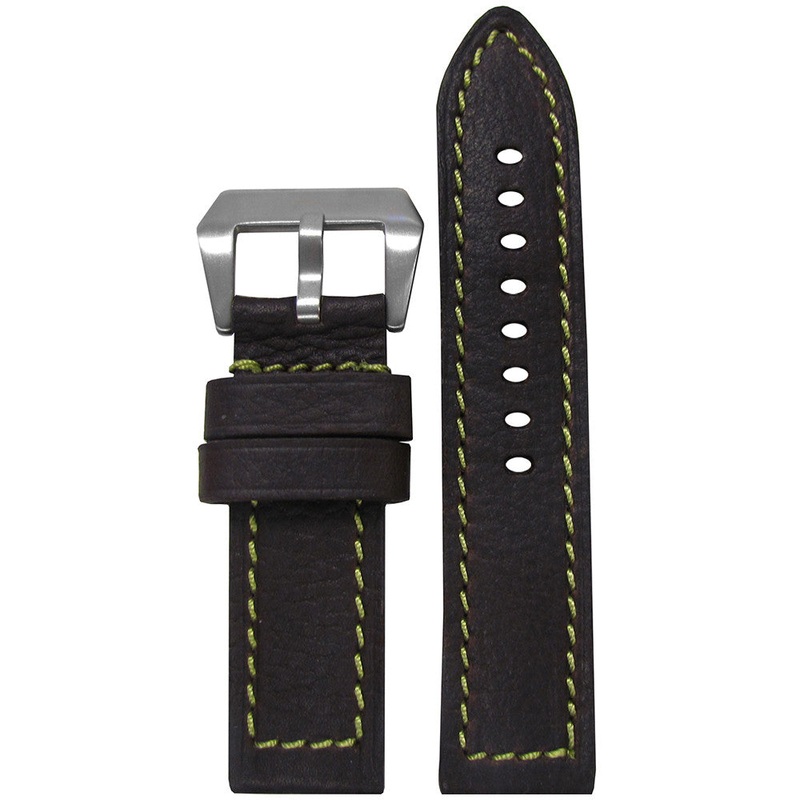 Darkest Brown Deep Oil Leather Watch Band | Flat | Green Stitch