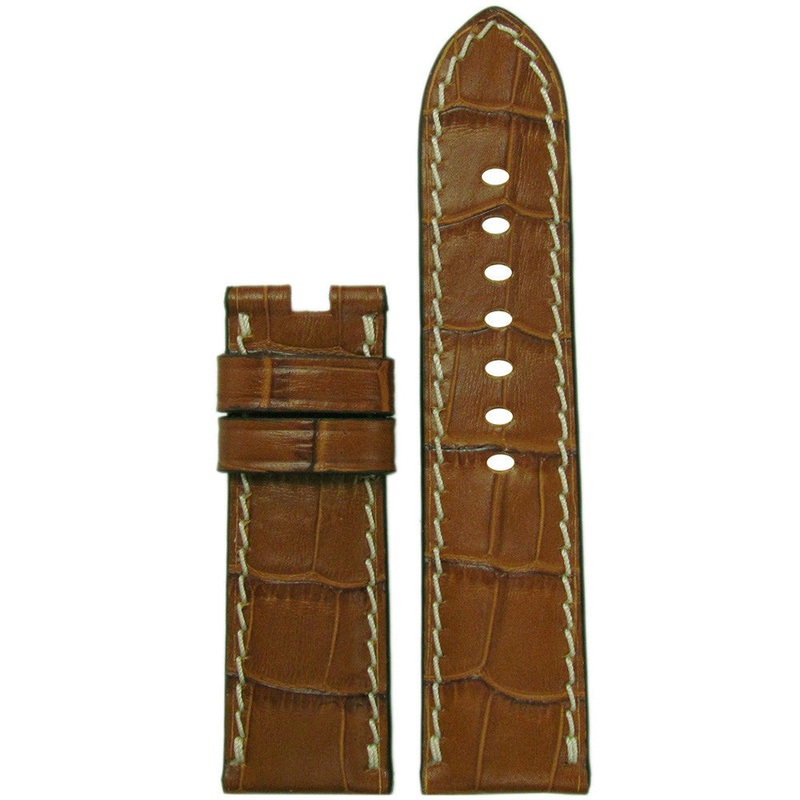 Embossed Leather Watch Band | Gator Print | Cognac | White Stitch | For Panerai Deploy