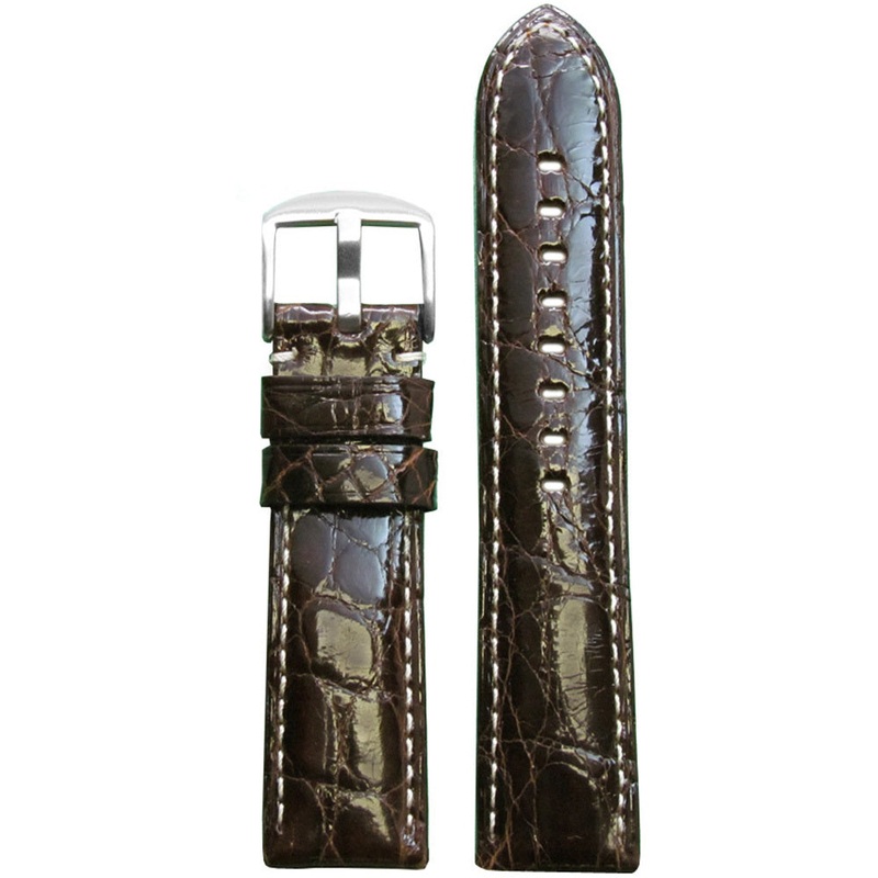 Genuine Crocodile Skin Watch Band | Padded | Glossy Finish | Dark Brown | White Stitch