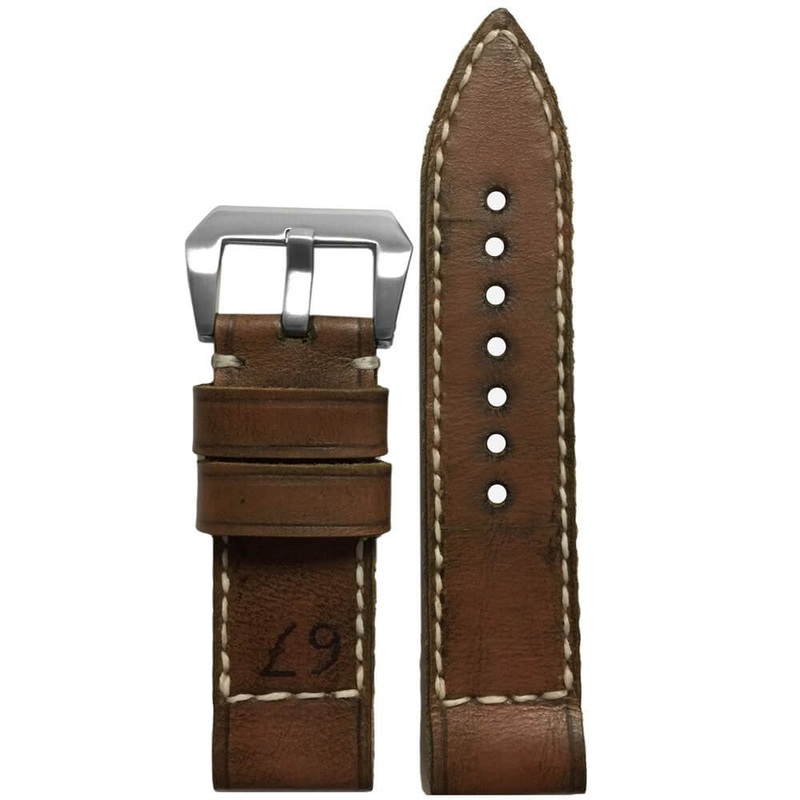 Genuine Vintage Leather Watch Band | “67” | Handmade | White Stitch | Gunny Straps