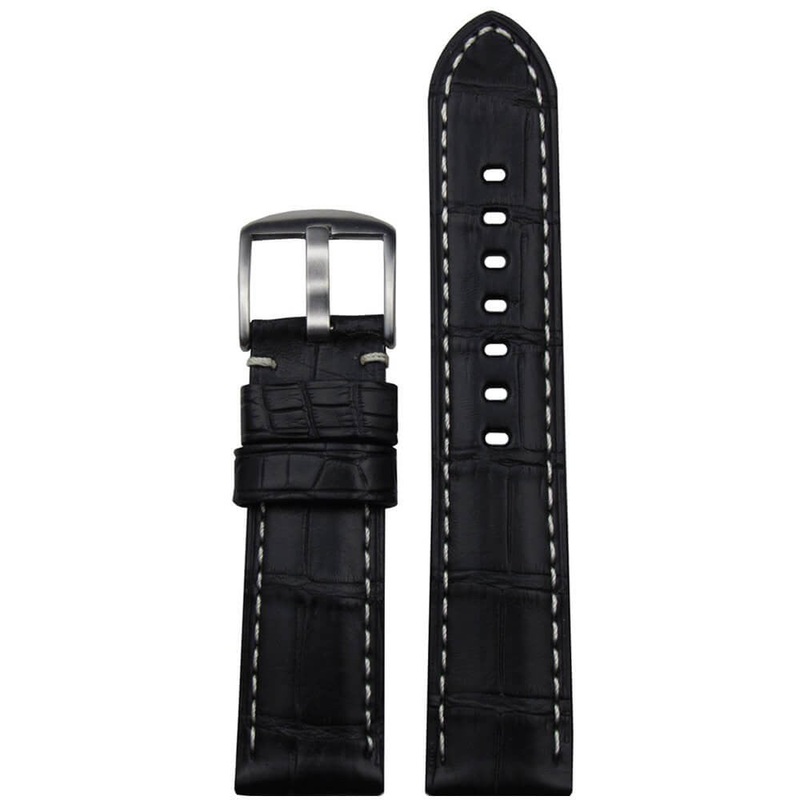 Louisiana Alligator Watch Band | Matte Finish | Padded | Black | White Stitch (115mm x 80mm)