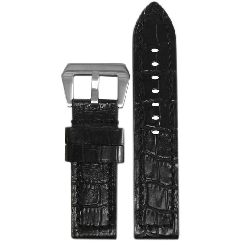 Natural Vintage Embossed Leather Gator Print Watch Band | Flat | Black | Match Stitch