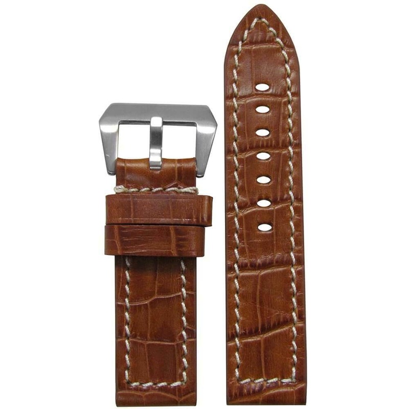 Natural Vintage Embossed Leather Gator Print Watch Band | Flat | Honey | White Stitch
