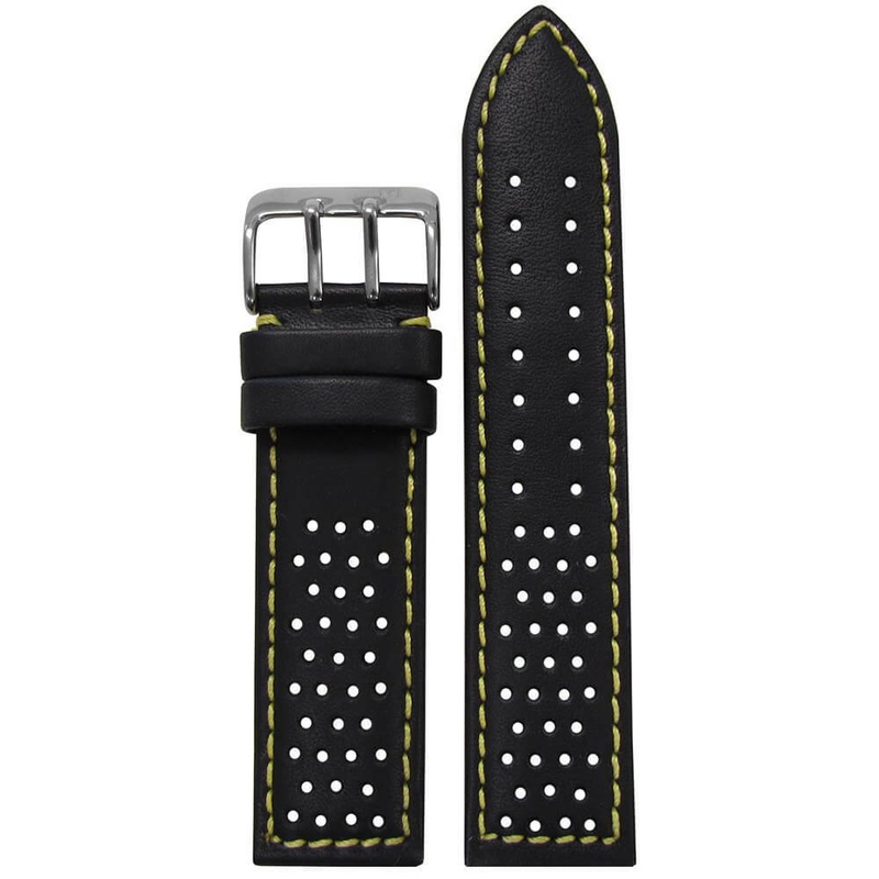 Perforated Leather Watch Band | Sport | Black | Yellow Stitch and Backing