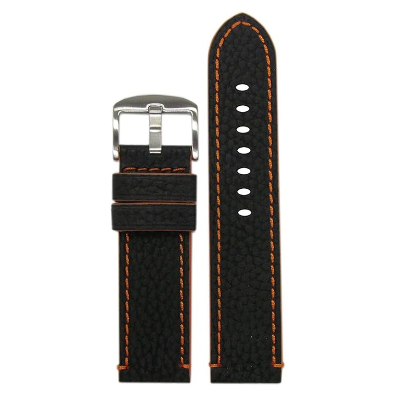 Quick Release | Genuine Crushed Leather Grain Watch Band | Black | Orange Stitching