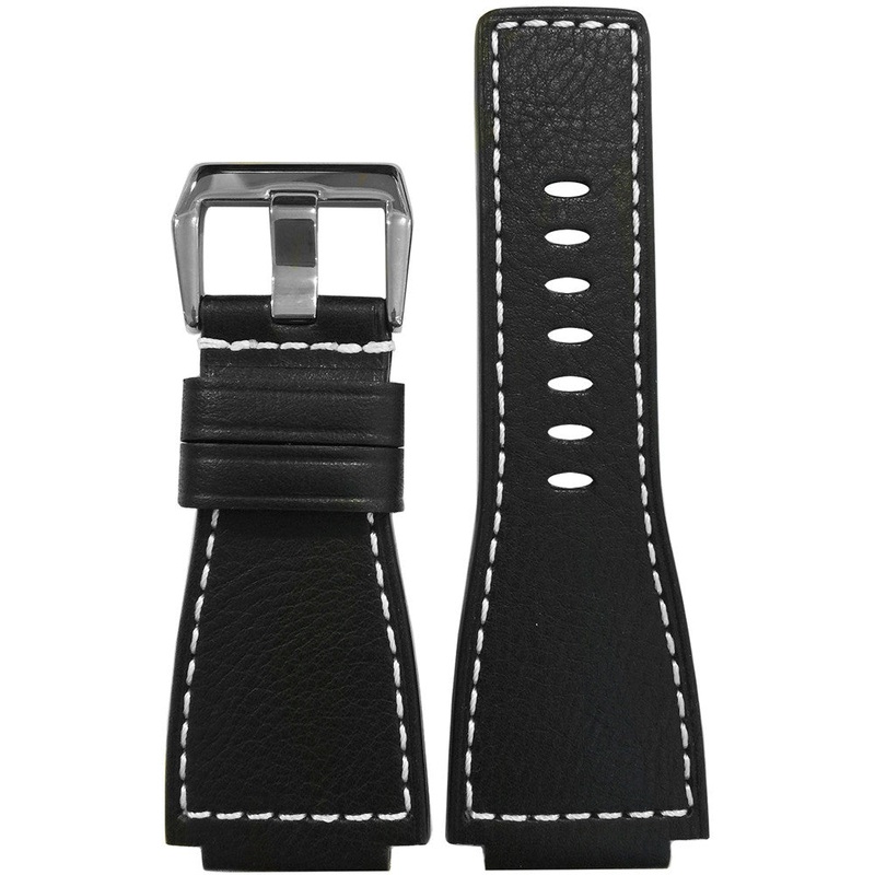 Tanned Leather Watch Band | Black | White Stitch | For Bell & Ross