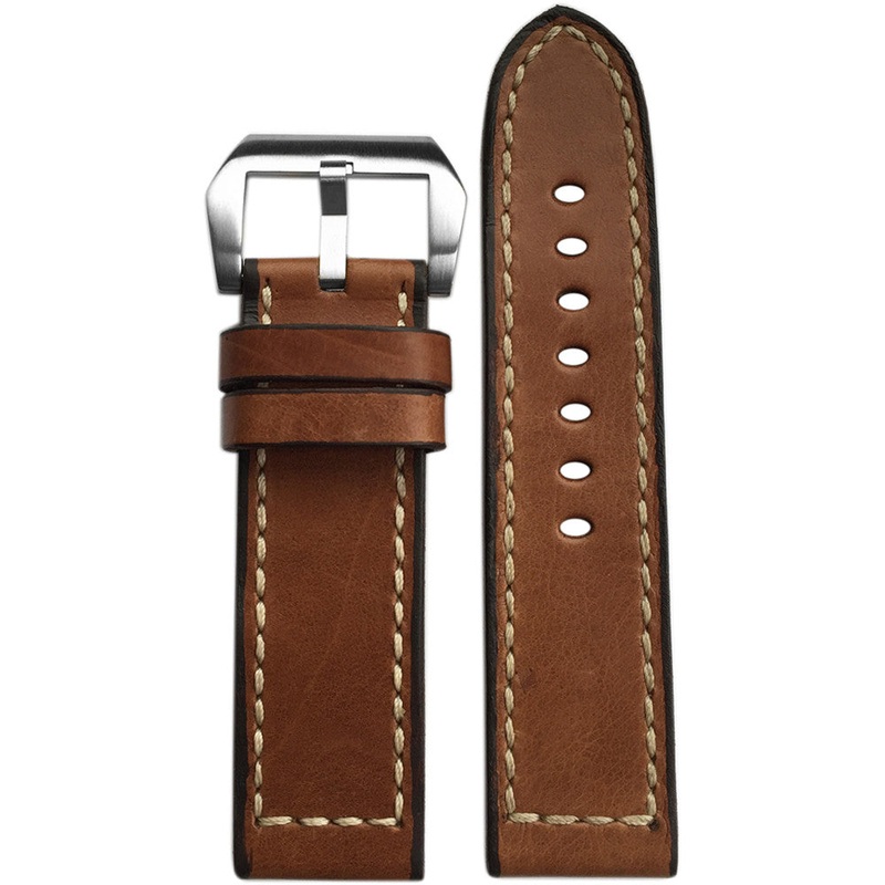 Vintage Leather Watch Band | Gaucho | Black Painted Edges | Brown | White Stitch