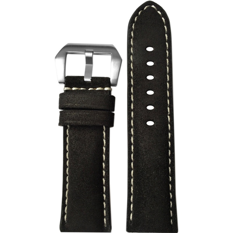 Vintage Leather Watch Band | Padded | Rough Black | White Stitch | For Panerai