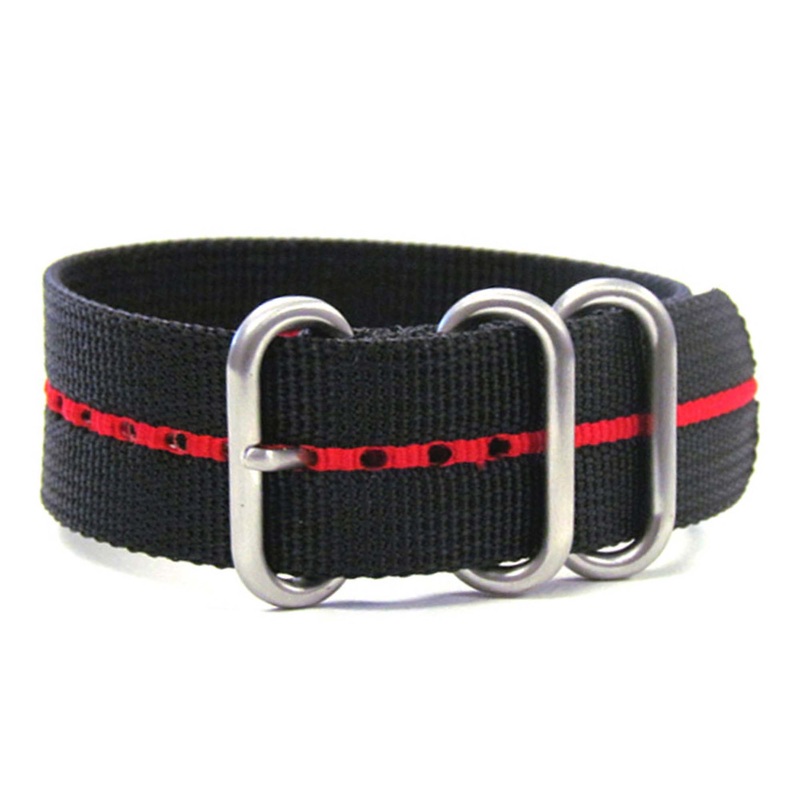 Ballistic Nylon Watch Band | 3 Ring | Black | Red Stripe | Brushed Hardware