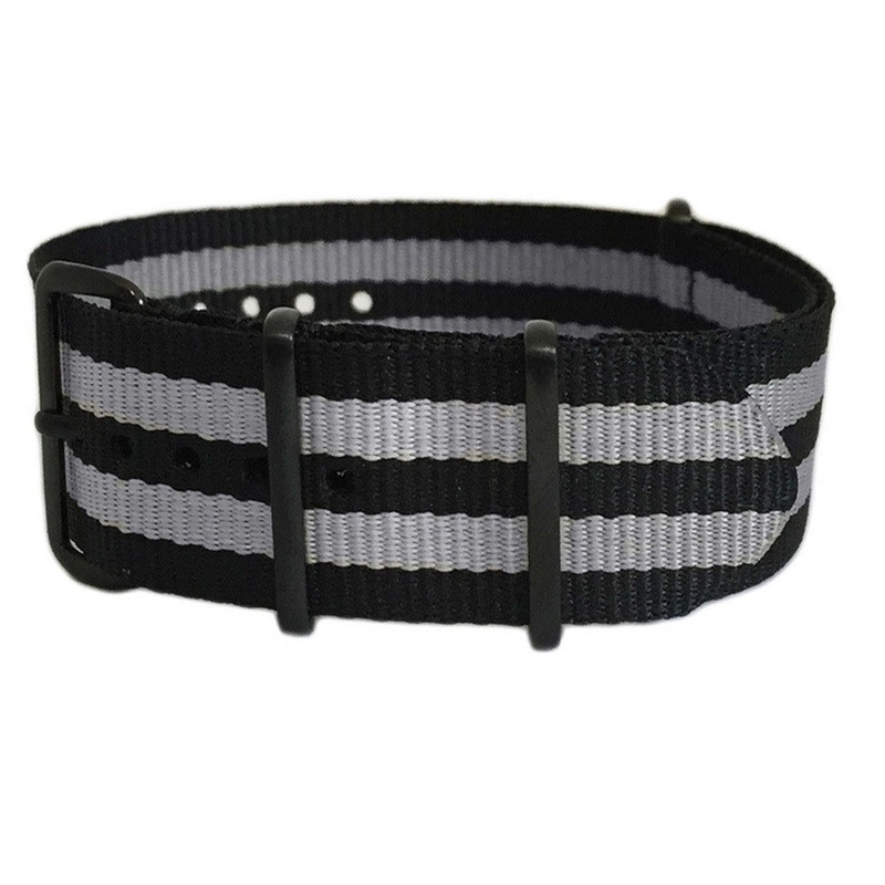 Ballistic Nylon Watch Band | 4 Square Ring | Bond Double Grey Stripe | PVD (Black) Hardware