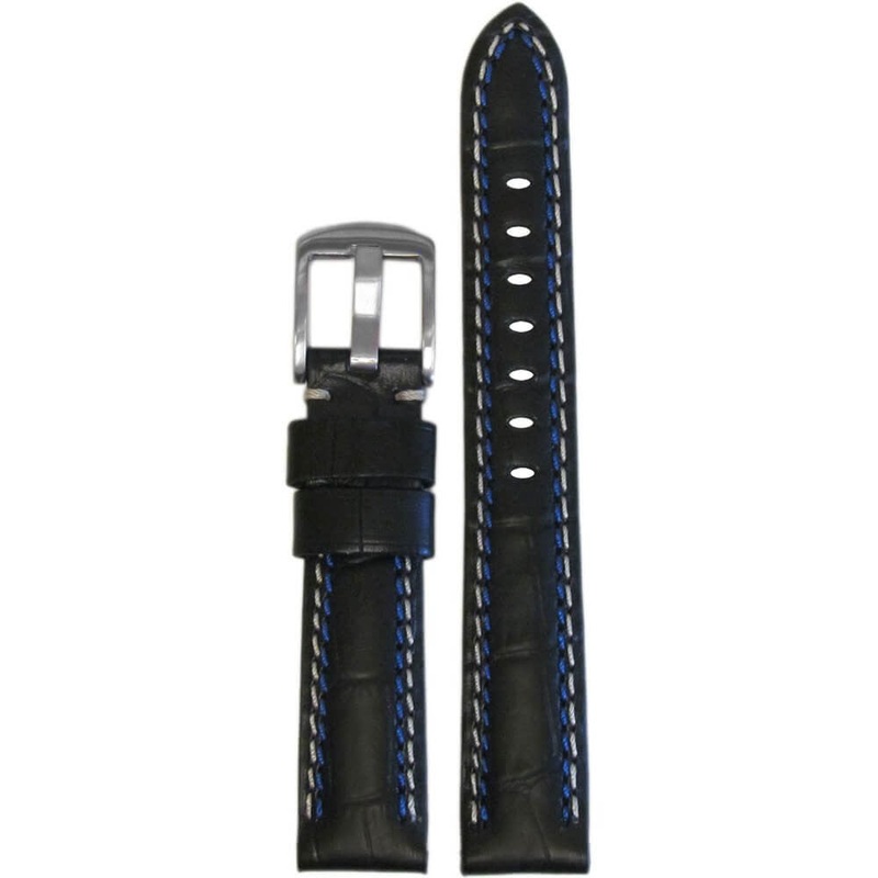 Black Embossed Leather Gator Print Watch Band | Padded | White and Blue Stitch + Lining