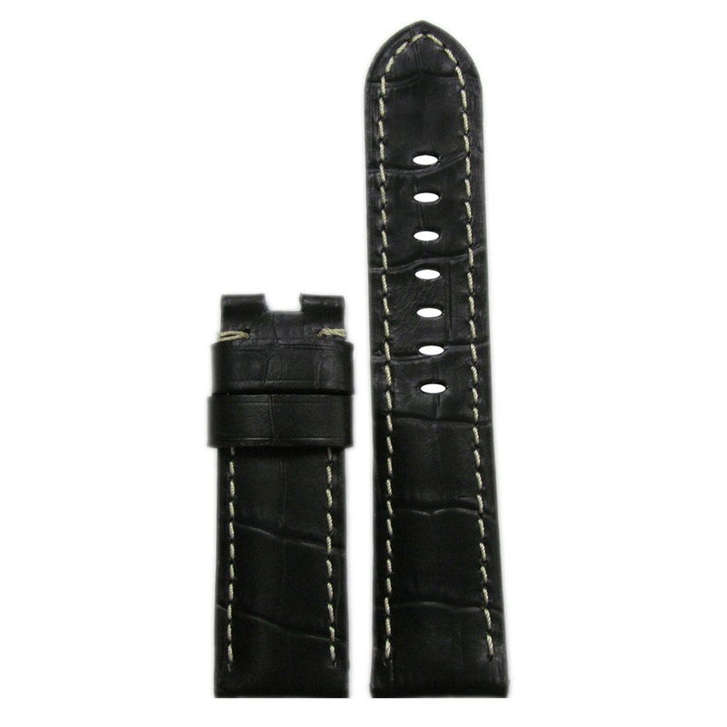 Embossed Leather Watch Band | Gator Print | Semi-Gloss | Black | White Stitch | for Panerai Deploy