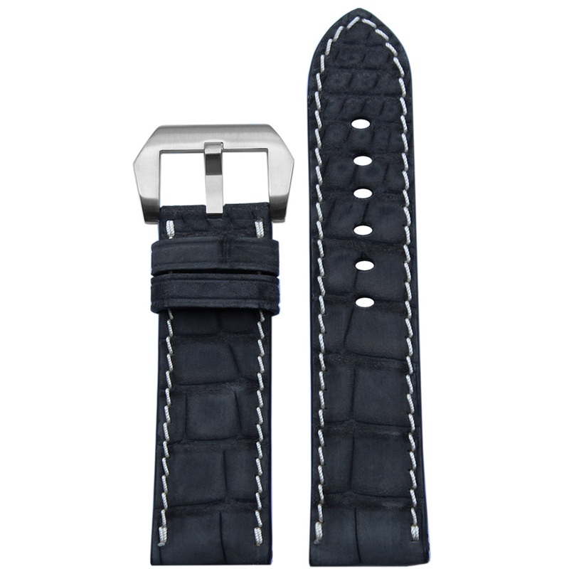 Genuine Nubuk Alligator Watch Band | Padded | Black | White Hand Stitch