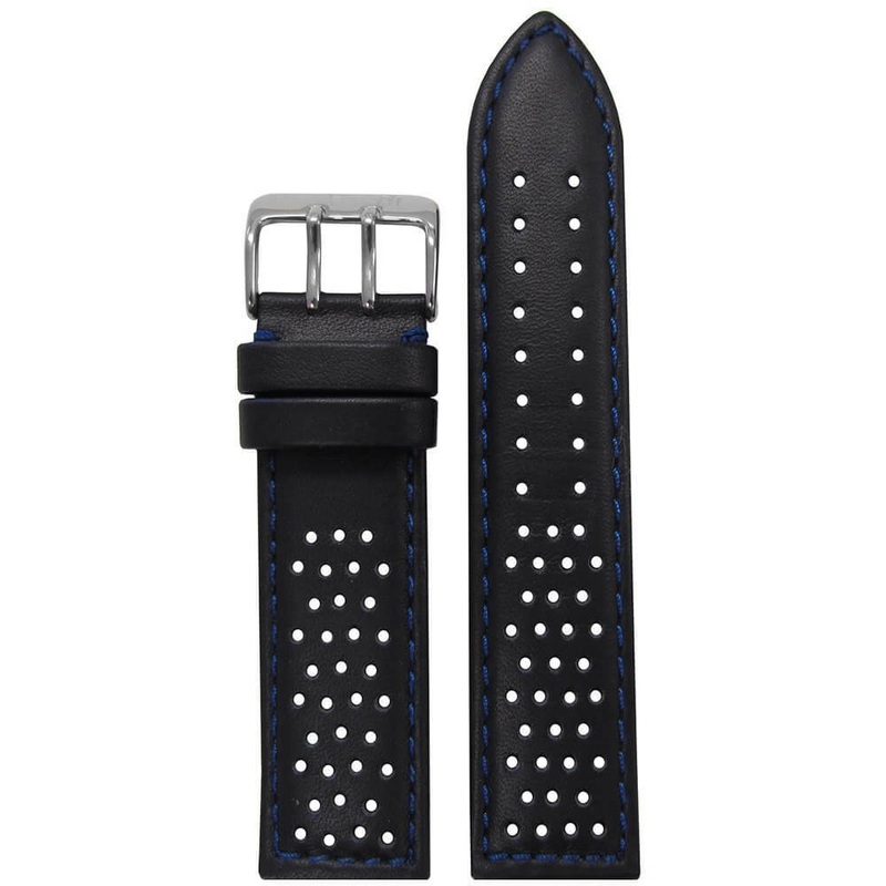 Perforated Leather Watch Band | Sport | Black | Blue Stitch and Backing