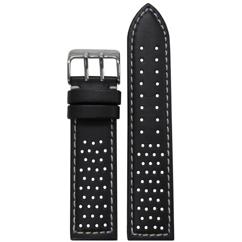Perforated Leather Watch Band | Sport | Black | White Stitch and Backing