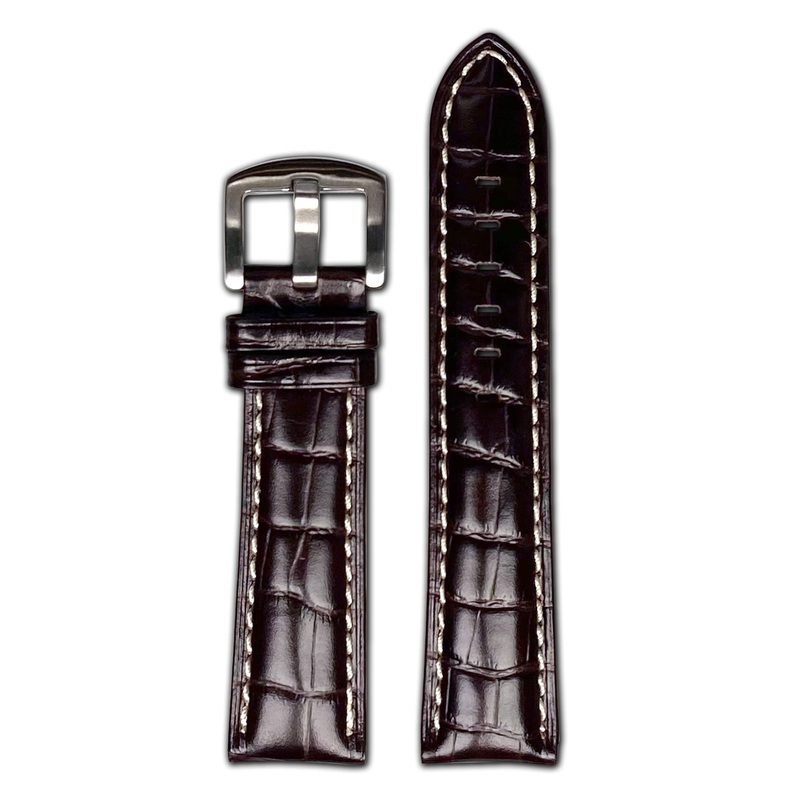 Quick Release | Embossed Gator Print Watch Band | Semi-Gloss | Dark Brown | White Stitch