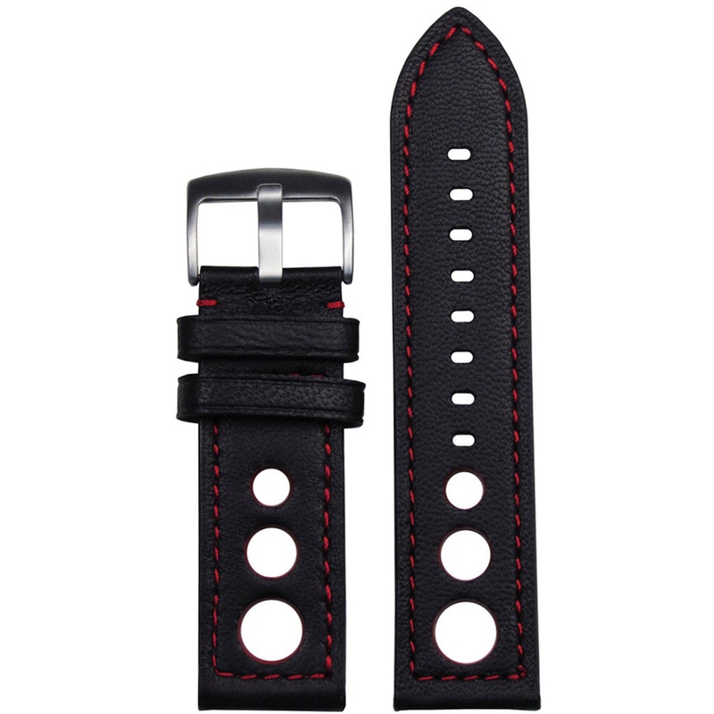 Soft Italian Lamb Leather Watch Band | Torrino Rally | Black | Red Stitching & Backing