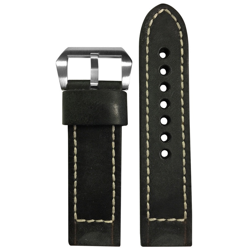 Distressed Vintage Leather Watch Band | Smooth Black | Box Stitch | For Panerai