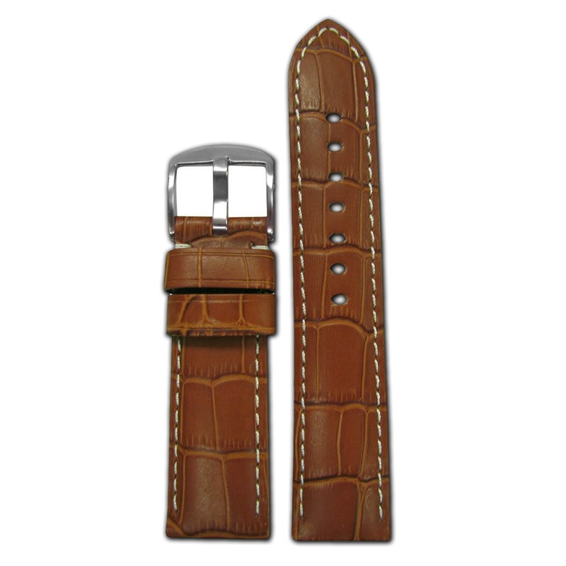 Embossed Leather Gator Print Watch Band | Padded | Honey | White Stitch