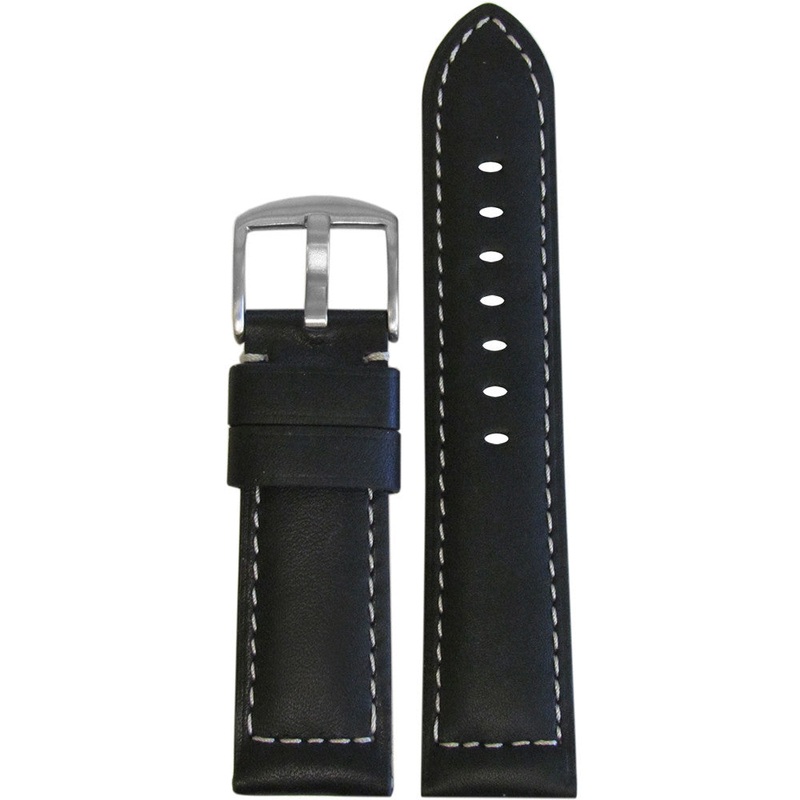 Genuine 190 Soft Calf Leather Watch Band | Padded | Black | White Stitch