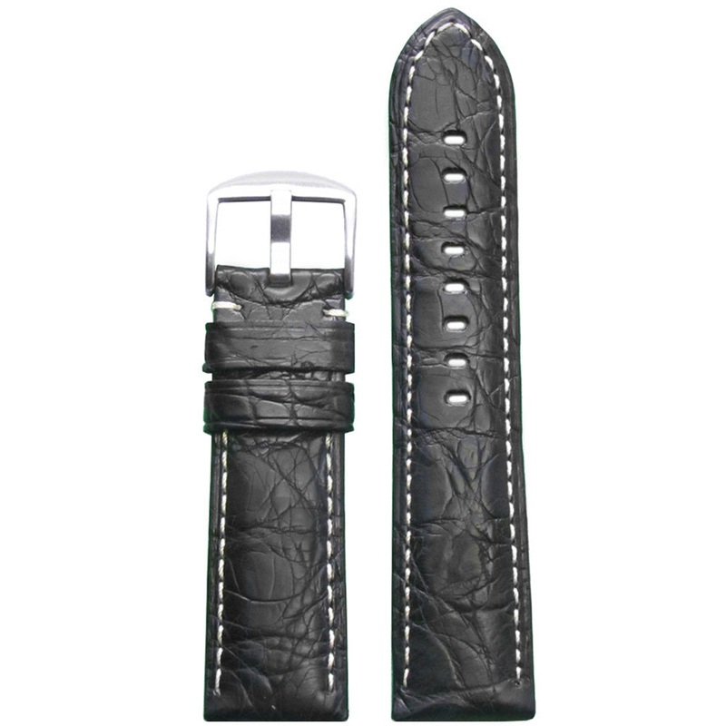 Genuine Crocodile Skin Watch Band | Padded | Matte Finish | Black | White Stitch
