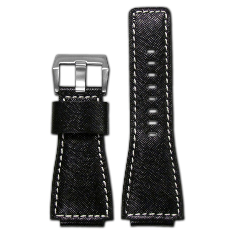 Leather Diamond “KVLR” Watch Band | Black | White Stitching | for Bell & Ross