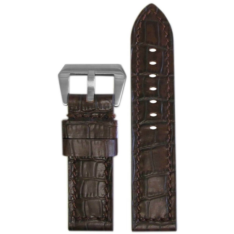 Natural Vintage Embossed Leather Gator Print Watch Band | Flat | Dark Brown | Match Stitch