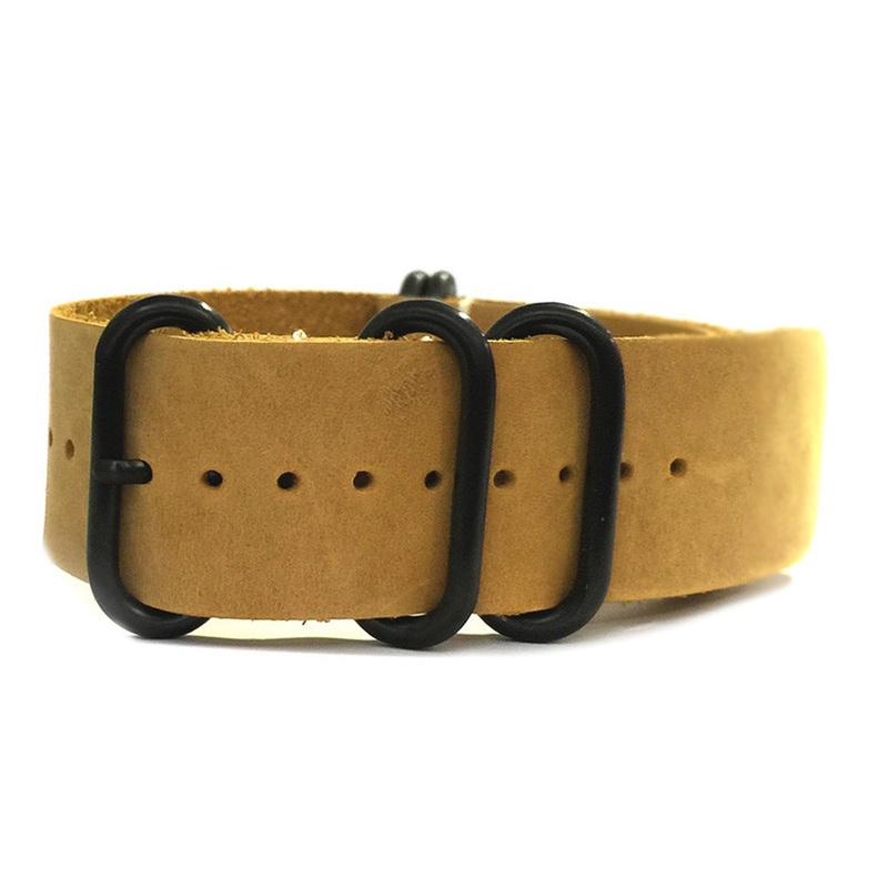Natural Vintage Leather Watch Band | 5-Ring | One-Piece | Honey | PVD (Black) Hardware