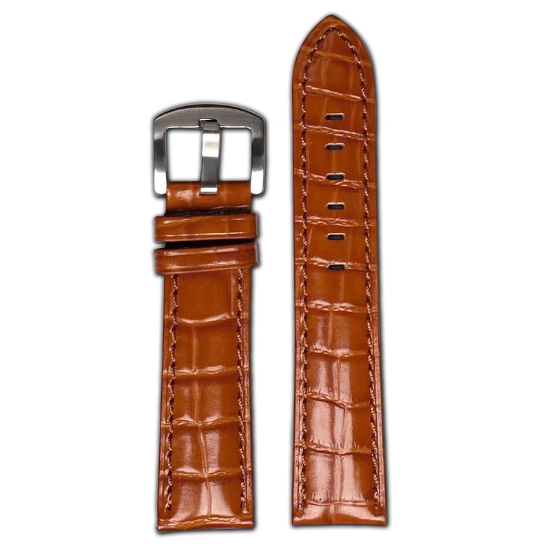 Quick Release | Embossed Gator Print Watch Band | Semi-Gloss | Light Brown | Match Stitch