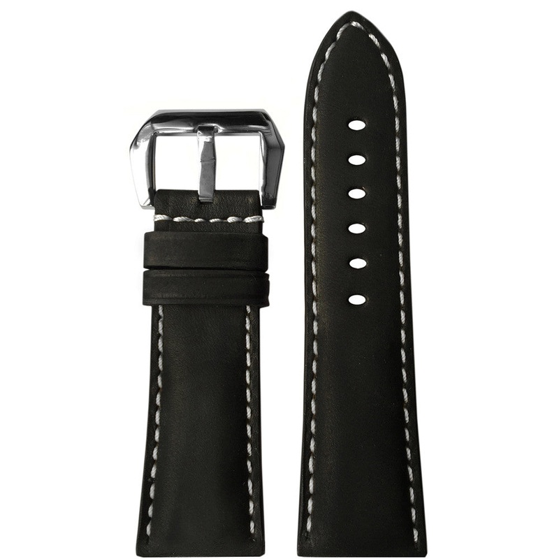 Vintage Leather Watch Band | Black | White Stitch | For Panerai Radiomir