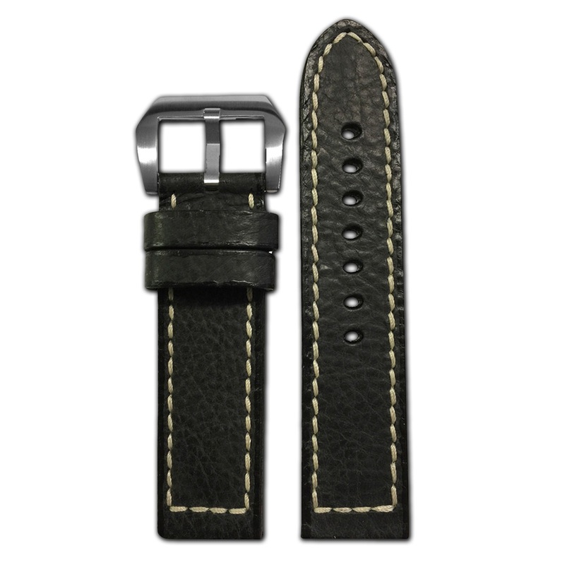 Vintage Leather Watch Band | Raider | Black | White Stitch