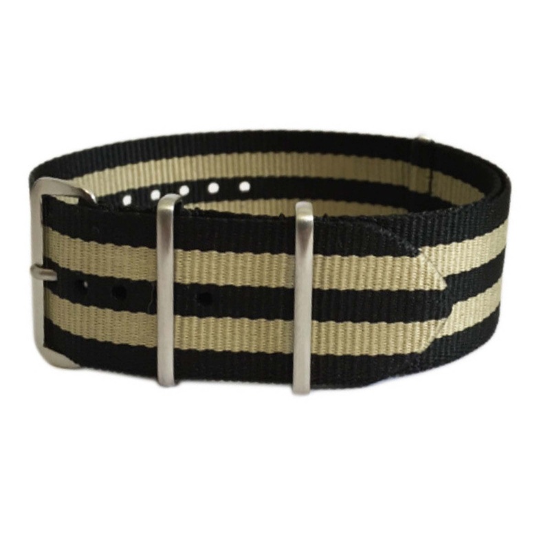 Ballistic Nylon Watch Band | 4 Square Ring | Double Tan Stripe | Brushed Hardware