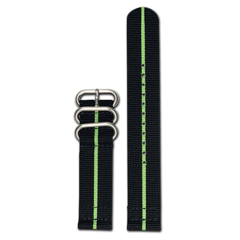 Ballistic Nylon Watch Band | Two-Piece | Black | Green Stripe | Brushed Hardware