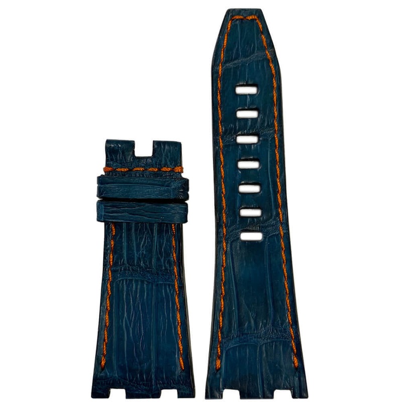 Genuine Alligator Watch Band | Navy | Orange Stitch | for 42MM AP Royal Oak Offshore (Deploy Buckle)