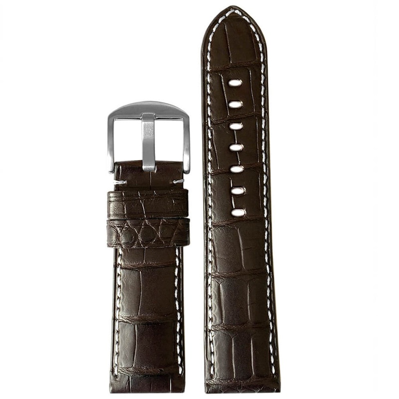 Louisiana Alligator Watch Band | Matte Finish | Padded | Dark Brown | White Stitch