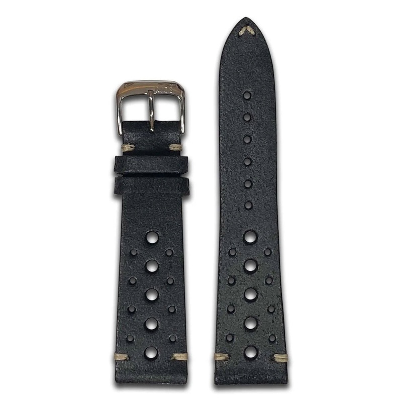 Quick Release | Vintage Leather Watch Band | Racing Holes | Black | Cream Stitch
