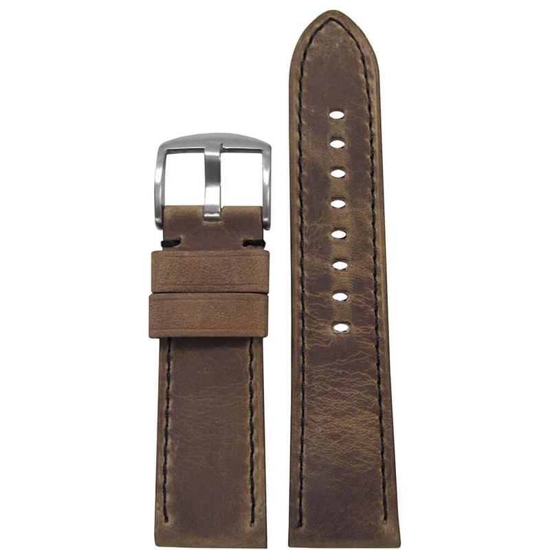 Soft Calf Leather Watch Band | Padded | Distressed Brown | Black Stitch