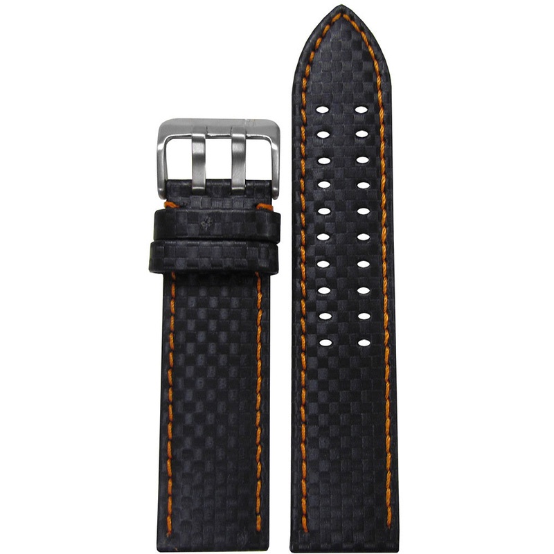 Black Carbon Fiber Style Watch Band | Orange Stitch | Stainless Steel Double Tang Buckle