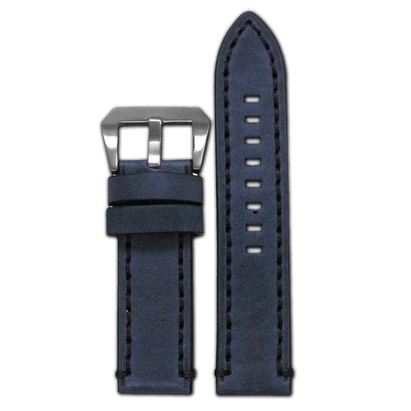 Denim Leather Watch Band | Flat | Distressed Denim | Black Stitch