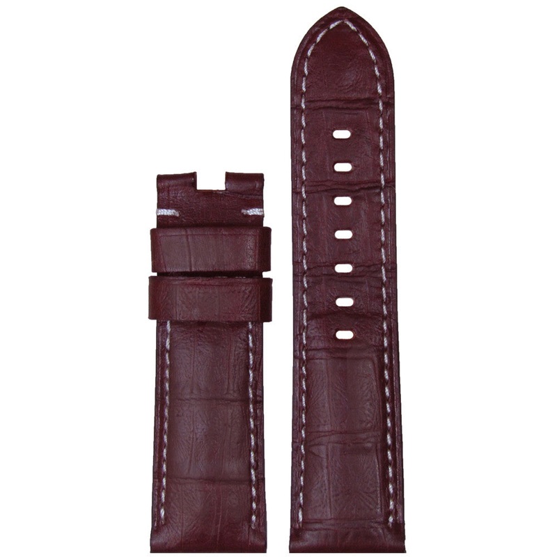 Embossed Leather Gator Watch Band | Burgundy | White Stitch | for Panerai Deploy