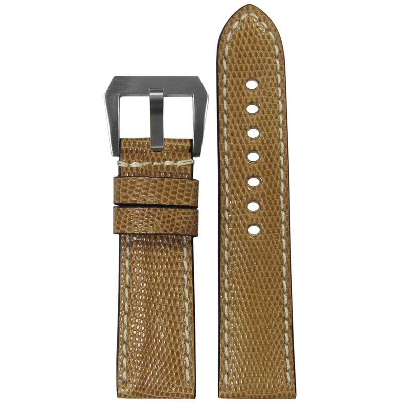 Lizard Watch Band | Premium Cut | Matte Finish | Khaki | White Stitch