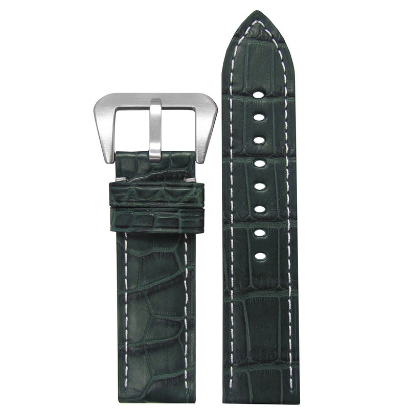 Matte Alligator Skin Watch Band | Flat | Green | White Stitch