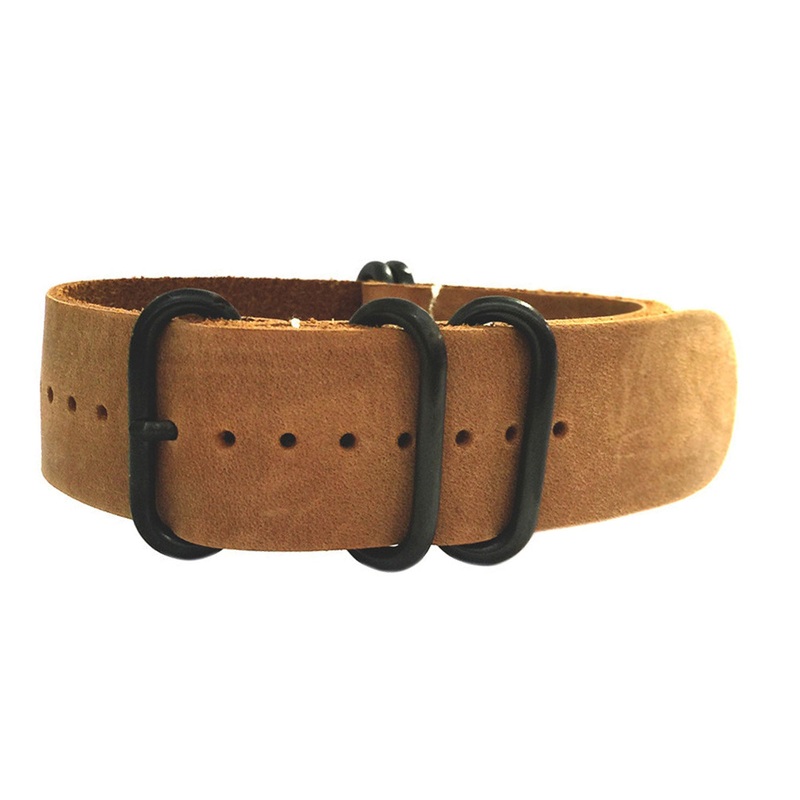 Natural Vintage Leather Watch Band | 5-Ring | One-Piece | Light Brown | PVD (Black) Hardware