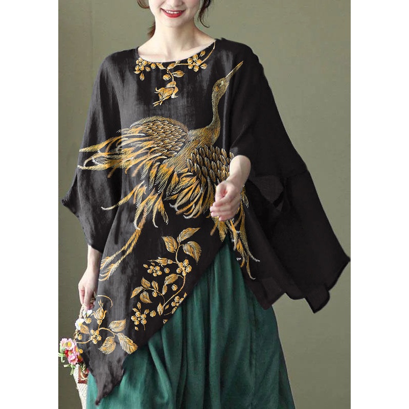 Art Black phoenix Asymmetrical Design Embroidered Summer Ramie Shirt Tops